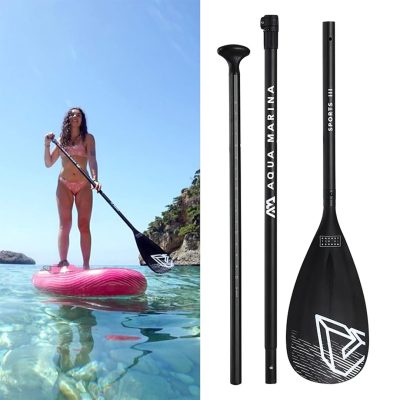 A split image showing a woman paddleboarding on a red inflatable board in clear turquoise water on the left and the Aqua Marina SPORTS III aluminum SUP paddle disassembled into three parts on the right.