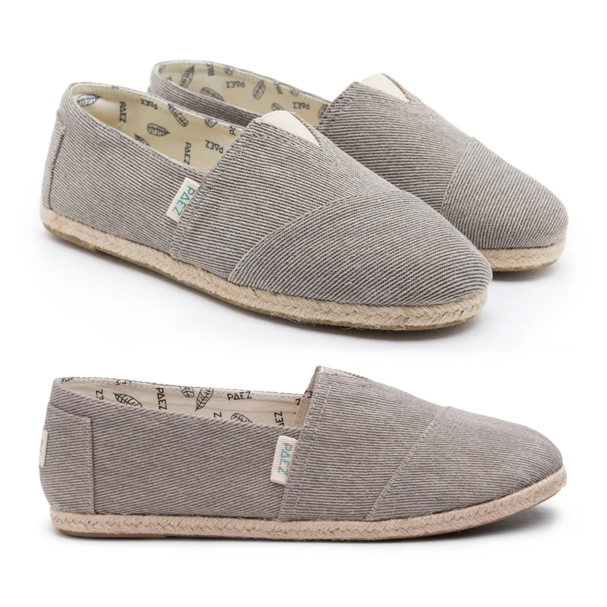 Two angles of Grey PAEZ Raw Essentials espadrille shoes for women, showcasing the textured grey fabric, cork soles, and patterned inner lining.