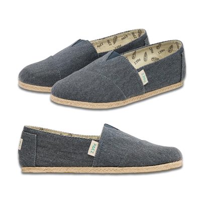 Two angles of Sea PAEZ Raw Essentials espadrille shoes for women, highlighting the deep blue textured fabric, cork soles, and patterned inner lining.