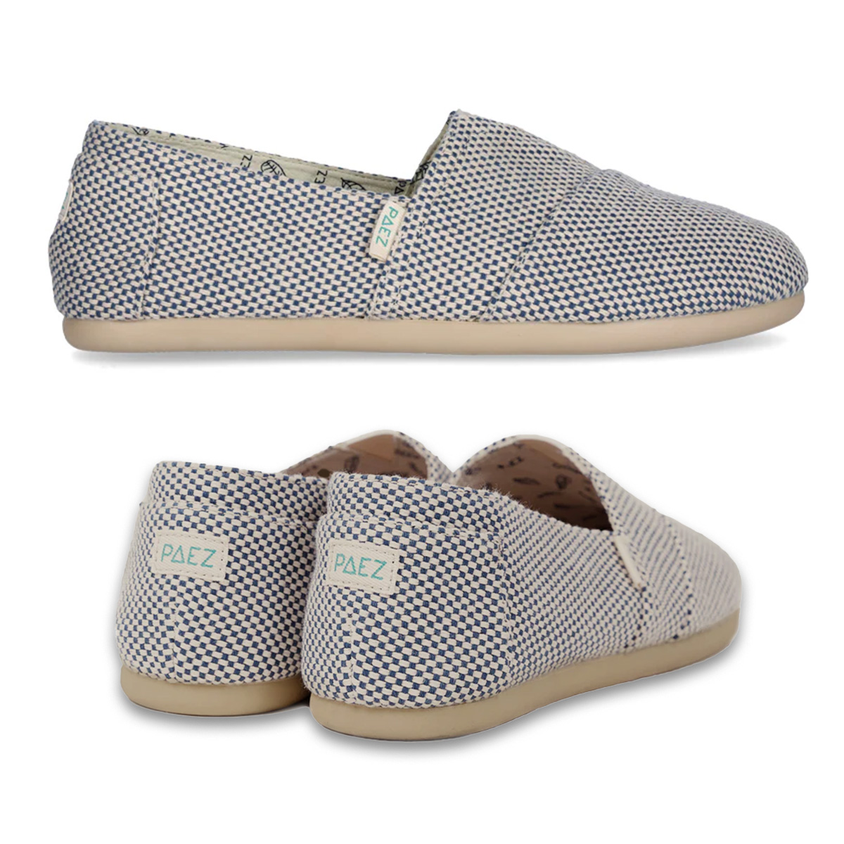 A pair of PAEZ Panama Slip-On Shoes for Men in blue and white, featuring a woven fabric upper and beige rubber sole. Side and back views are displayed.