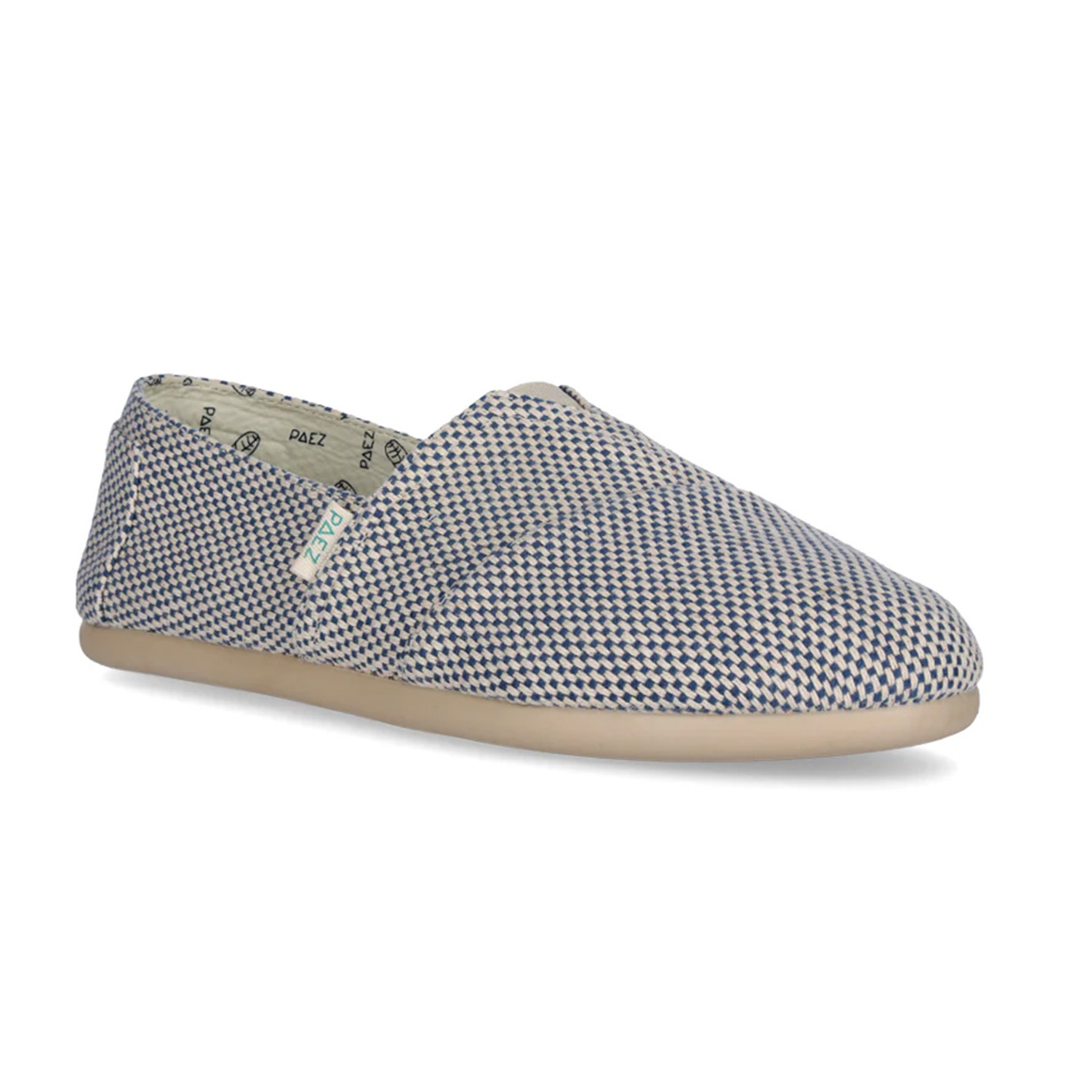 Blue and white woven-pattern slip-on shoe from PAEZ, featuring a beige rubber sole and soft fabric lining.