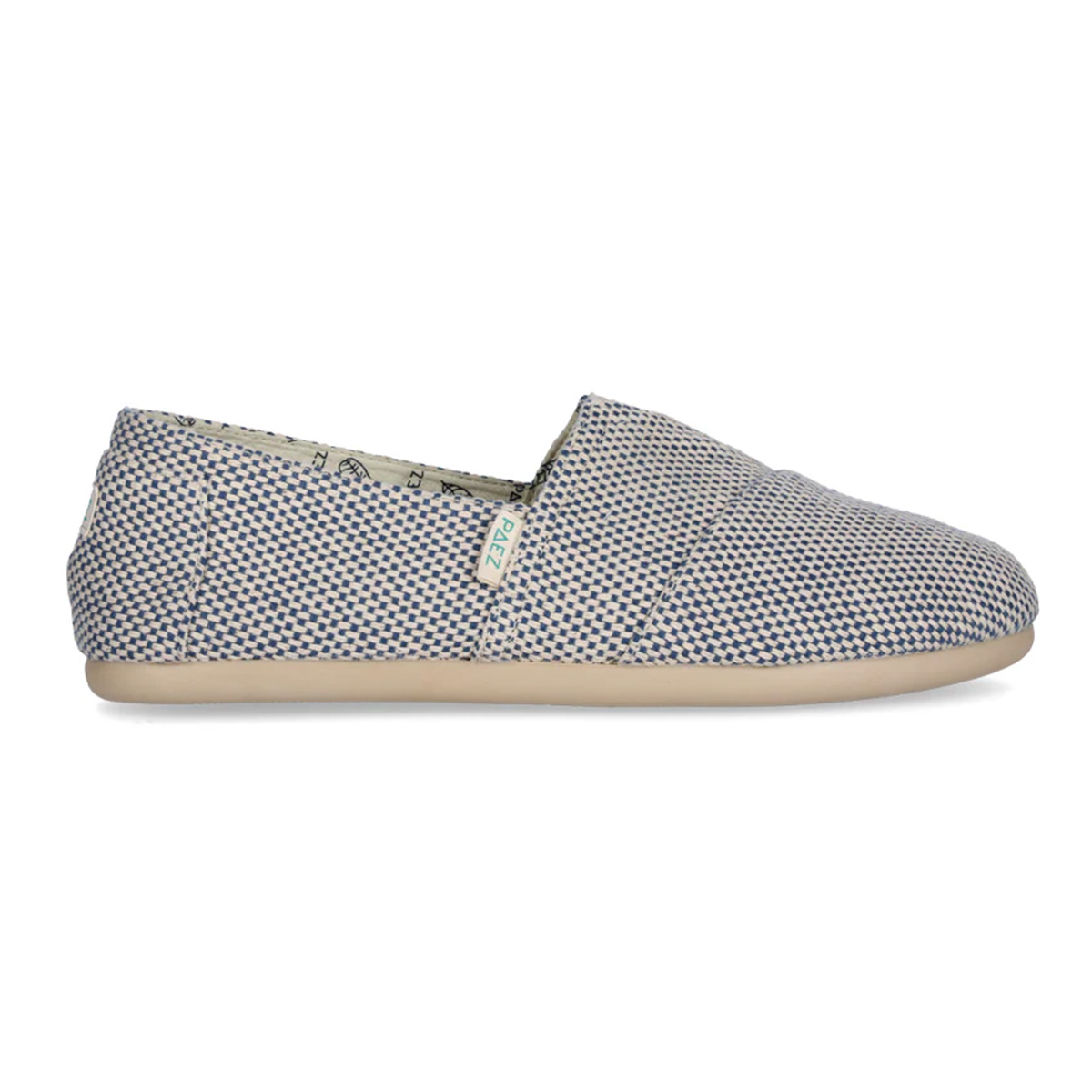 Side view of the PAEZ Panama Slip-On for Men in blue and white woven fabric with a beige rubber sole.