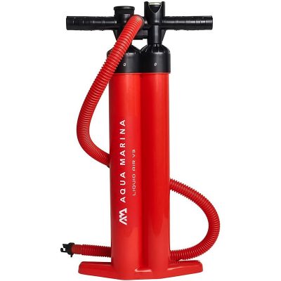Aqua Marina Liquid Air V3 Triple Action High-Pressure Hand Pump, featuring a bright red design and dual hoses for efficient inflation.