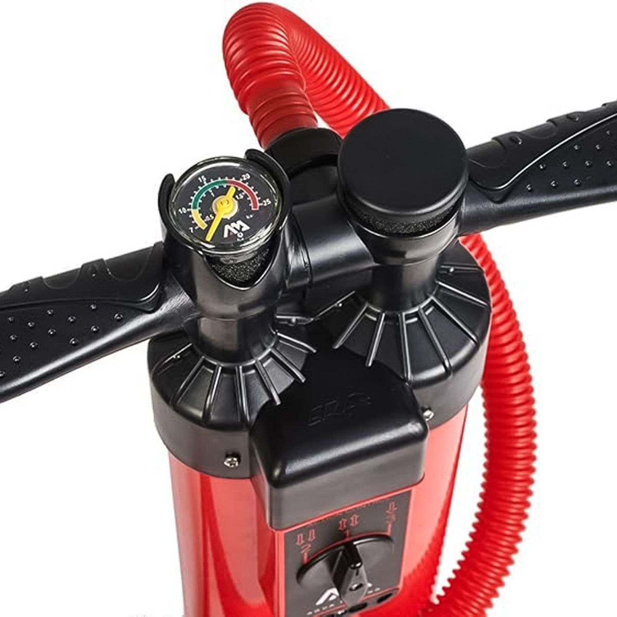 Close-up of the shockproof pressure gauge on the Aqua Marina Liquid Air V3 Triple Action High-Pressure Hand Pump.