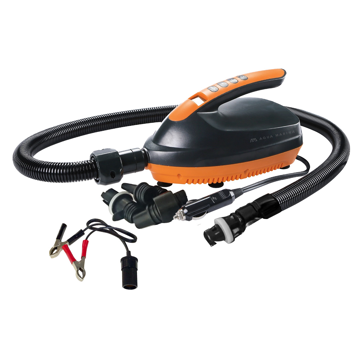 Aqua Marina LITE 12V SUP electric pump with a flexible hose, multiple nozzle adapters, a cigarette lighter plug, and alligator clip power connectors.