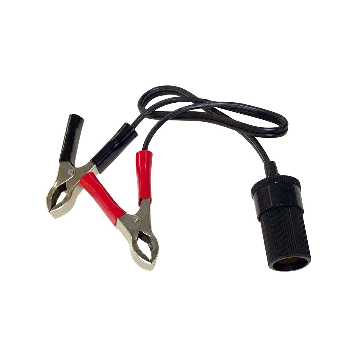 A 12V power adapter cable with red and black alligator clips on one end and a cigarette lighter socket on the other.
