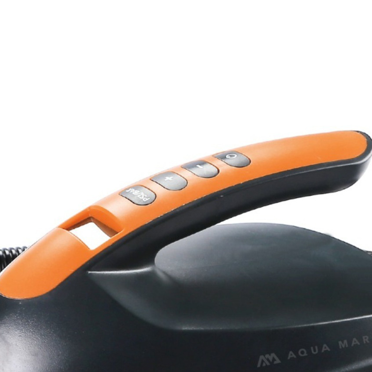 A close-up of the Aqua Marina LITE 12V SUP electric pump handle, featuring an LCD display and intuitive control buttons.