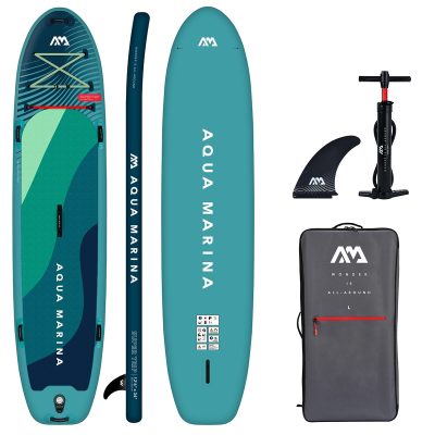 A full set of the Aqua Marina SUPER TRIP 2-person inflatable SUP, including a board with a stylish blue and teal design, a detachable fin, a hand pump, and a carry bag.
