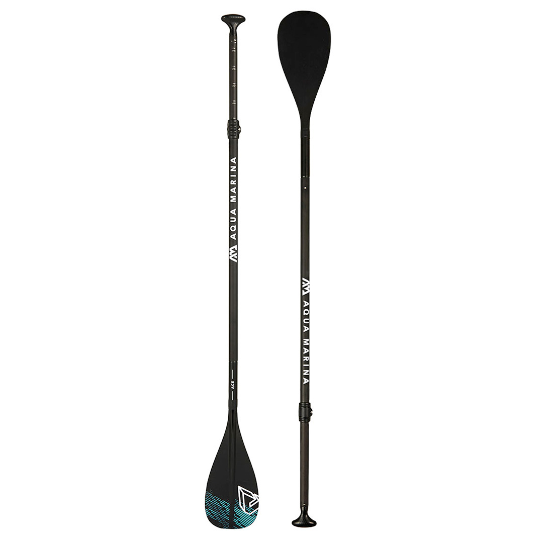 The Aqua Marina ACE Kids ISUP Paddle displayed from front and back views, featuring a black design with blue and white geometric patterns on the blade and adjustable height markings on the shaft.