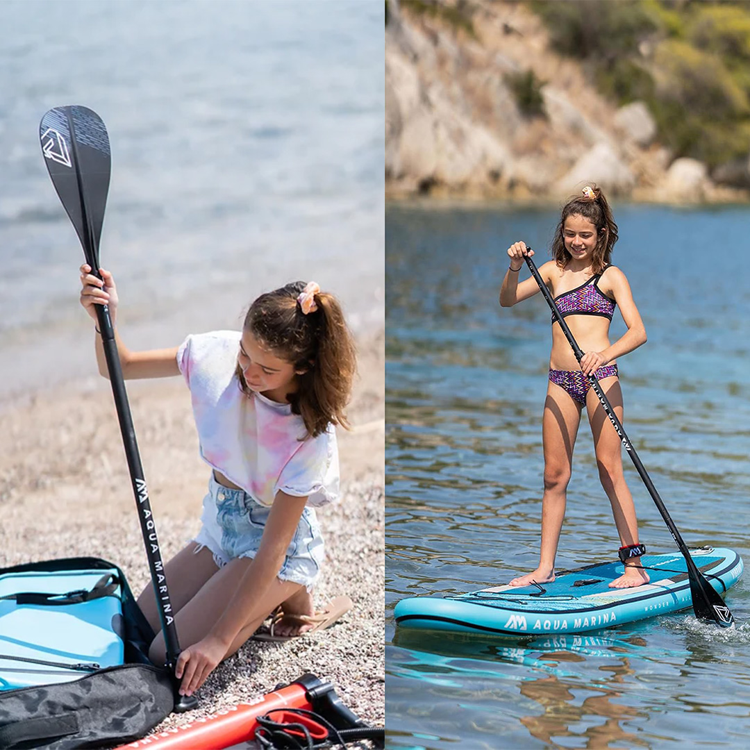 A split image showing a young girl preparing an Aqua Marina ACE Kids SUP paddle on the beach on the left, and the same girl paddleboarding on a blue Aqua Marina board in calm waters on the right.