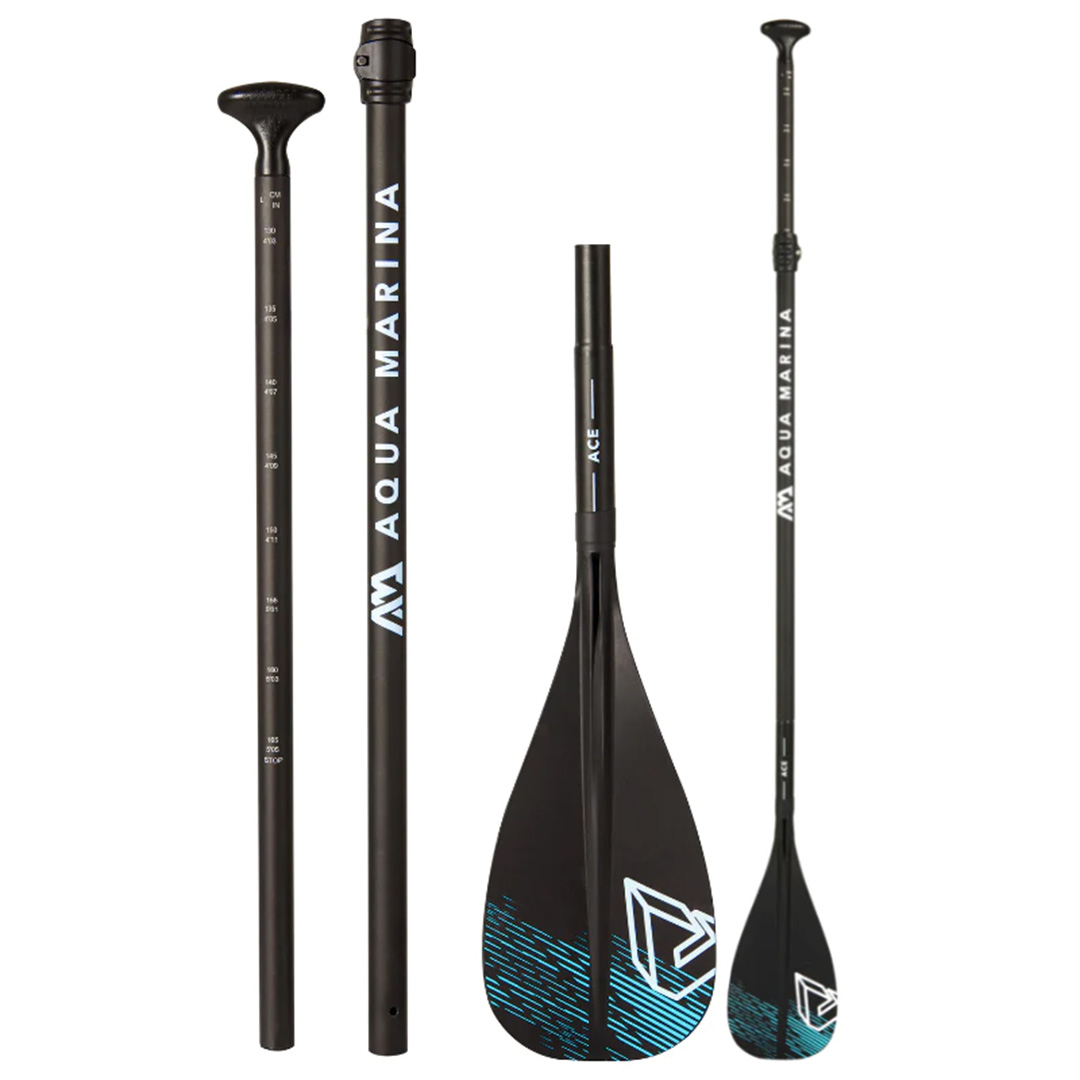 The Aqua Marina ACE Kids SUP Paddle shown in three components: handle, shaft, and blade. The paddle features a black design with blue and white geometric patterns and adjustable height markings.