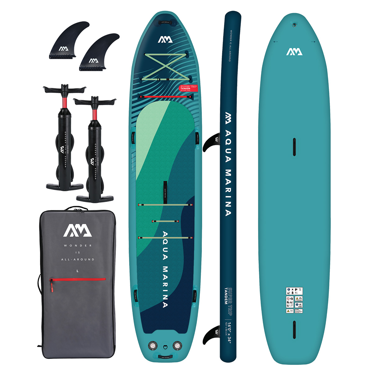 Aqua Marina Super Trip Tandem 14'0" Inflatable SUP with accessories, including two pumps, fins, and a carrying bag.