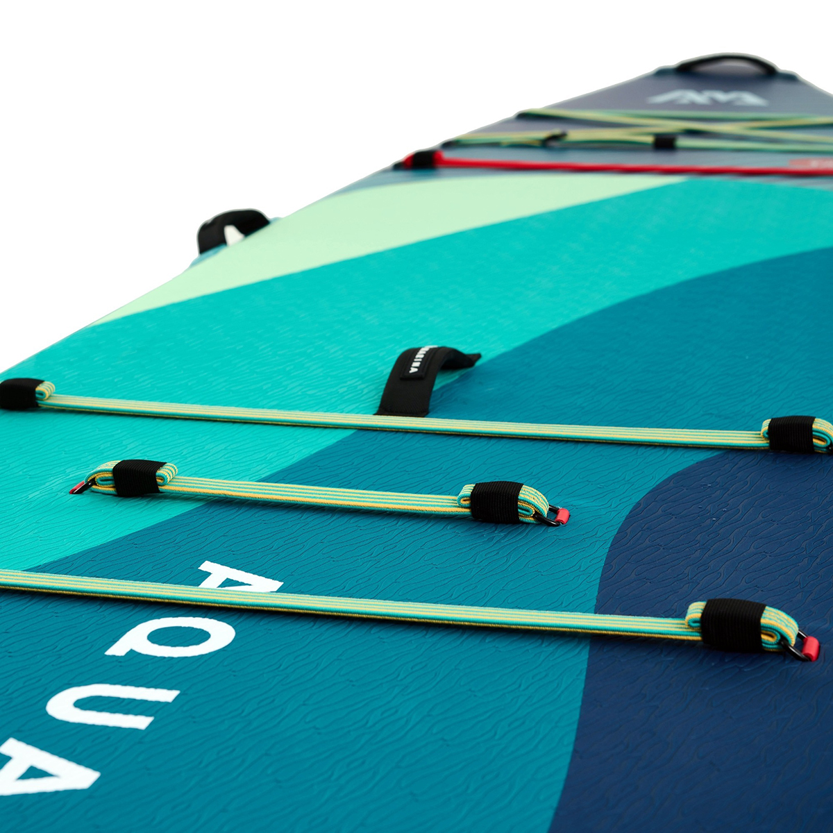 A close-up view of the Aqua Marina SUPER TRIP TANDEM inflatable SUP, highlighting its extensive luggage area with adjustable bungee cords and reinforced neoprene carry handles.