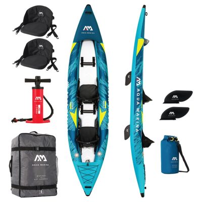 A double inflatable kayak with accessories, including two seats, a pump, storage bag, and two paddles.