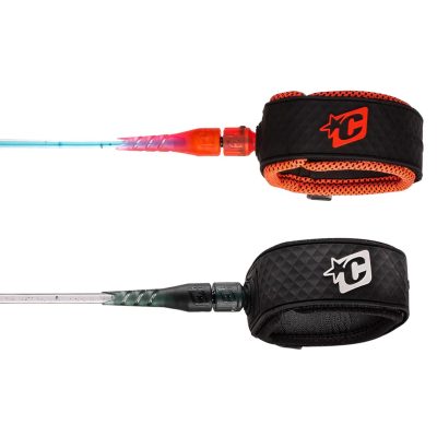 Two Creatures of Leisure RELIANCE PRO SPECKLE 6' Leashes in black/white and black/orange variations, featuring diamond-textured cuffs, ultra-strong urethane cords, and durable stainless steel swivels.