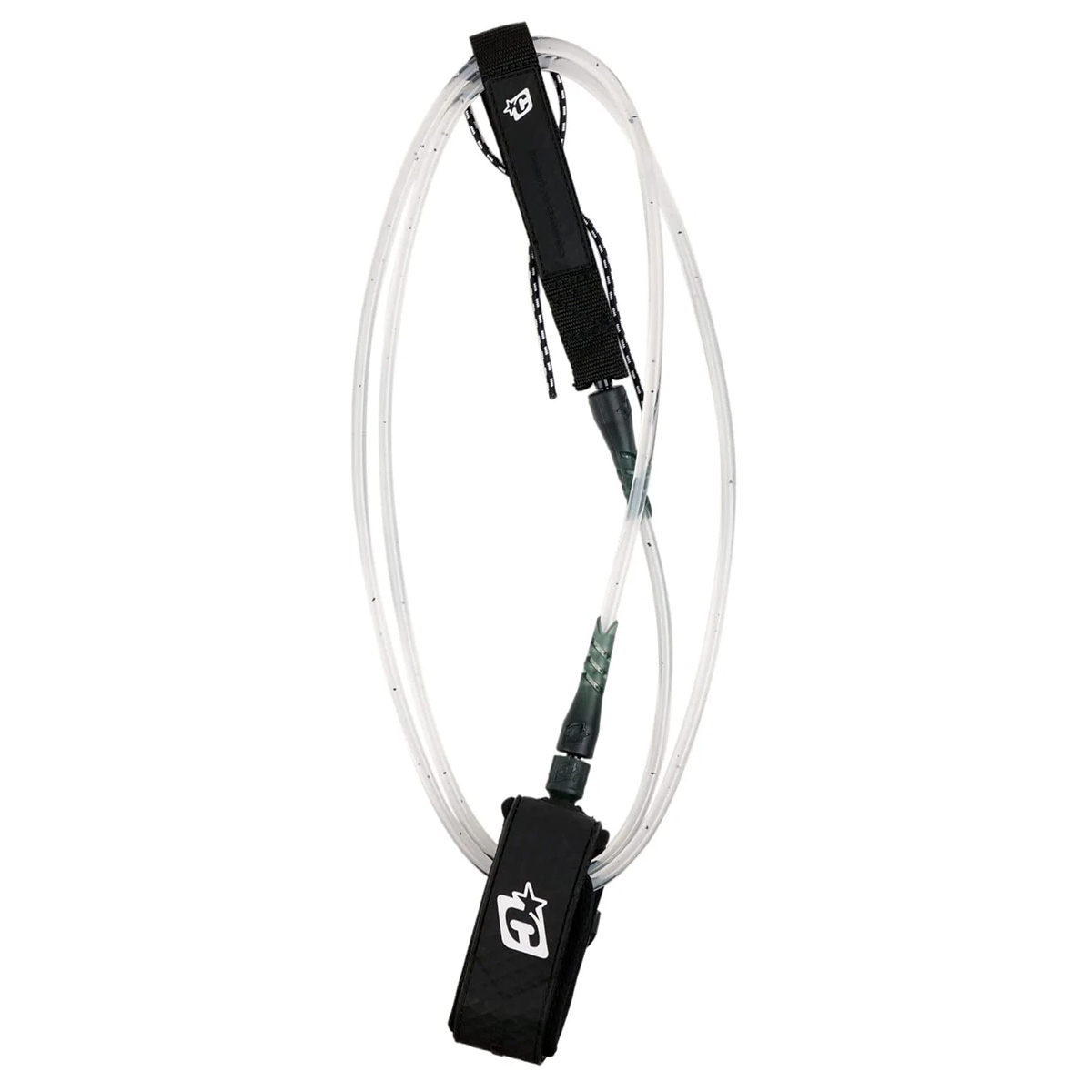 A Creatures of Leisure RELIANCE PRO SPECKLE 6' Leash in White Speckle Black, coiled up neatly, showing its durable urethane cord, reinforced cuff, and stainless steel swivels for enhanced performance.