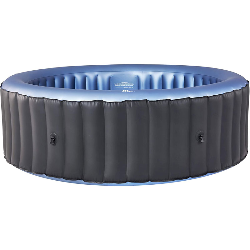 Close-up of the MSpa Bergen round inflatable spa showing the inflated black walls and blue interior.