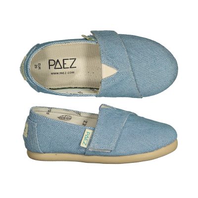 Paez Blue Stone Combi espadrilles for kids, shown from the front and side with a soft and durable design.