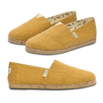 Pair of Caramel Raw Essentials PAEZ espadrille shoes for women, featuring a golden yellow striped fabric and jute soles, shown from different angles.