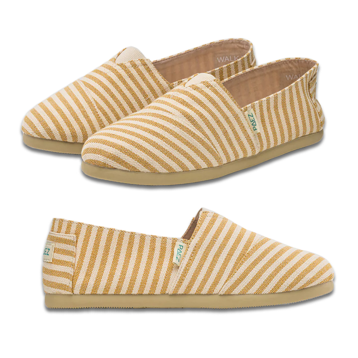 Two views of Caramel PAEZ Surfy espadrille shoes for women, featuring caramel and cream striped fabric with soft rubber soles and a lightweight design.