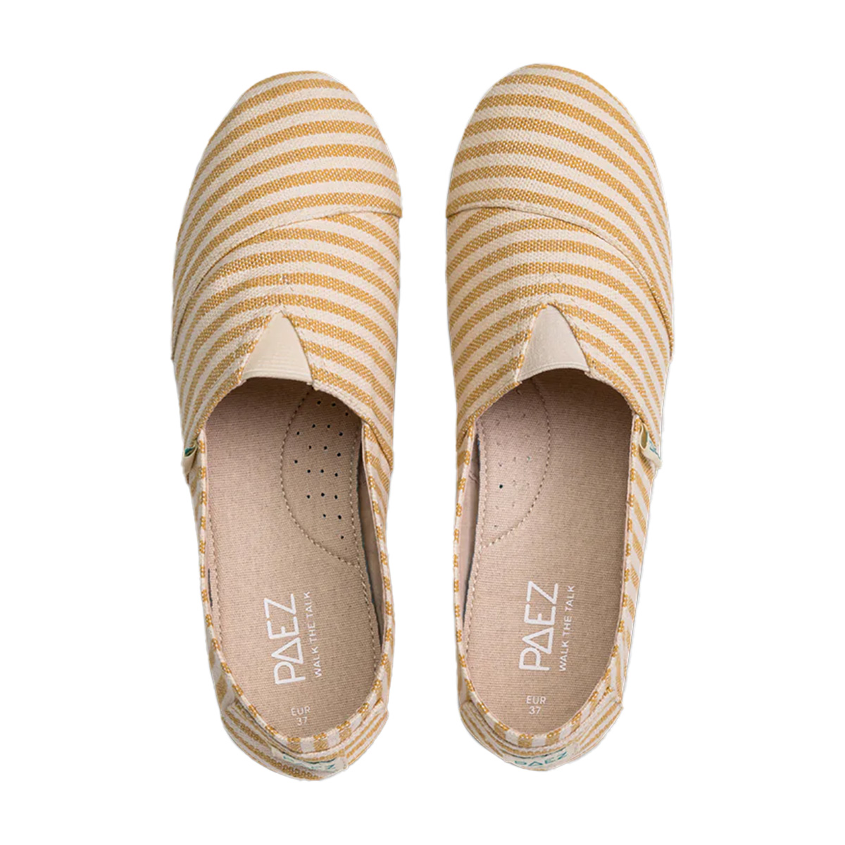 A top view of Caramel PAEZ Surfy espadrille shoes for women, featuring caramel and cream striped fabric, breathable insoles, and a clean design.