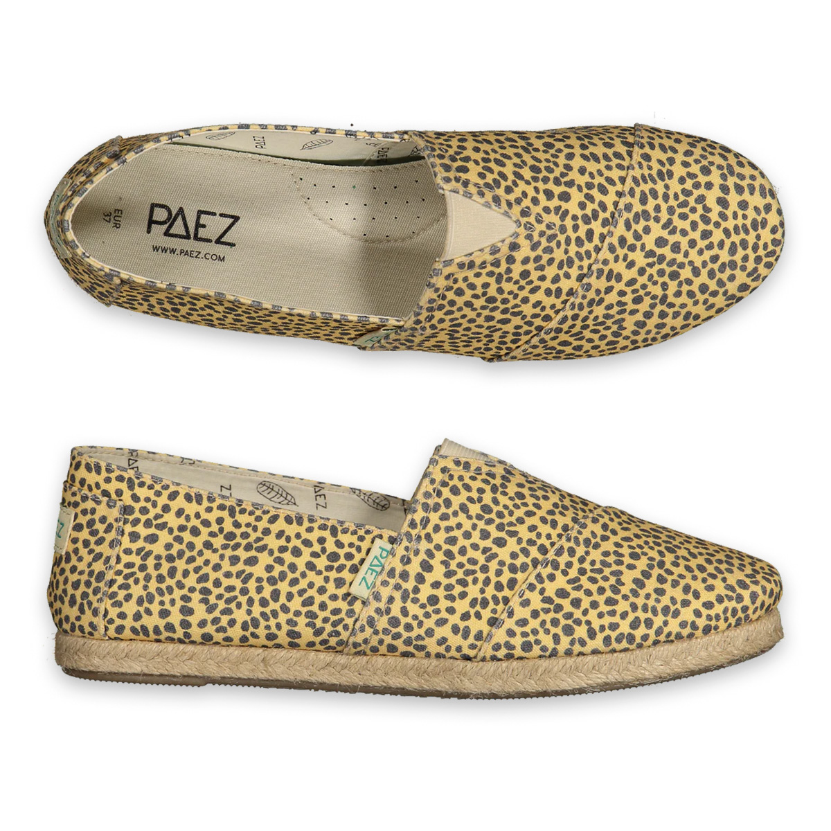 Top and side view of Cheetah Print PAEZ Espadrilles for Women, showcasing the unique pattern and lightweight design.