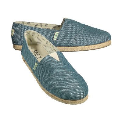 Pair of Classic Blue Stone PAEZ espadrille shoes for women with woven fabric design and jute soles.