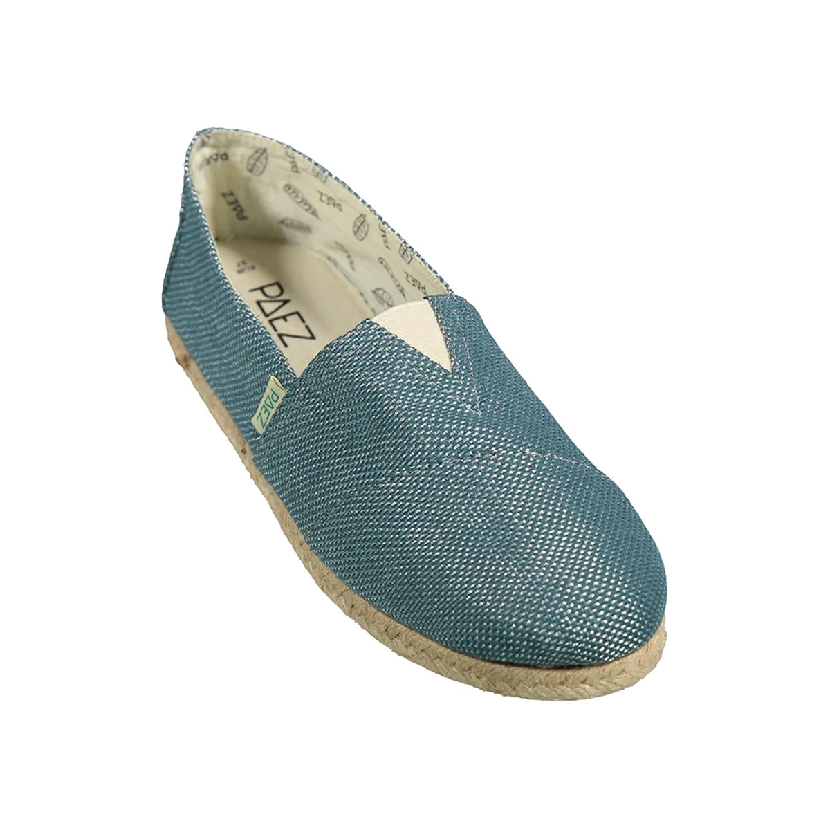 Classic blue espadrille shoe for women with a woven fabric design and jute sole, viewed from the front.