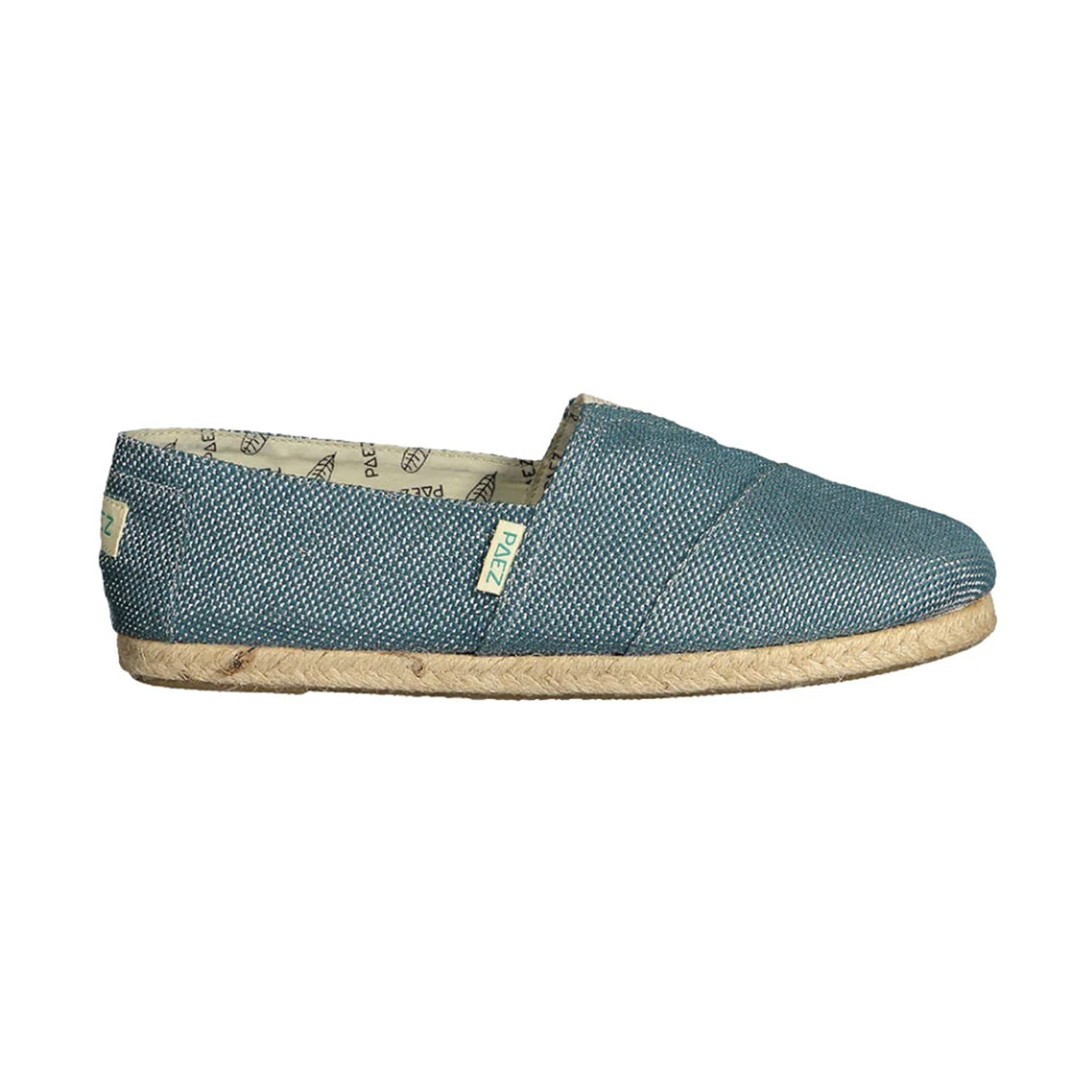 Classic blue espadrille shoe for women with a woven fabric design and jute sole, viewed from the side.