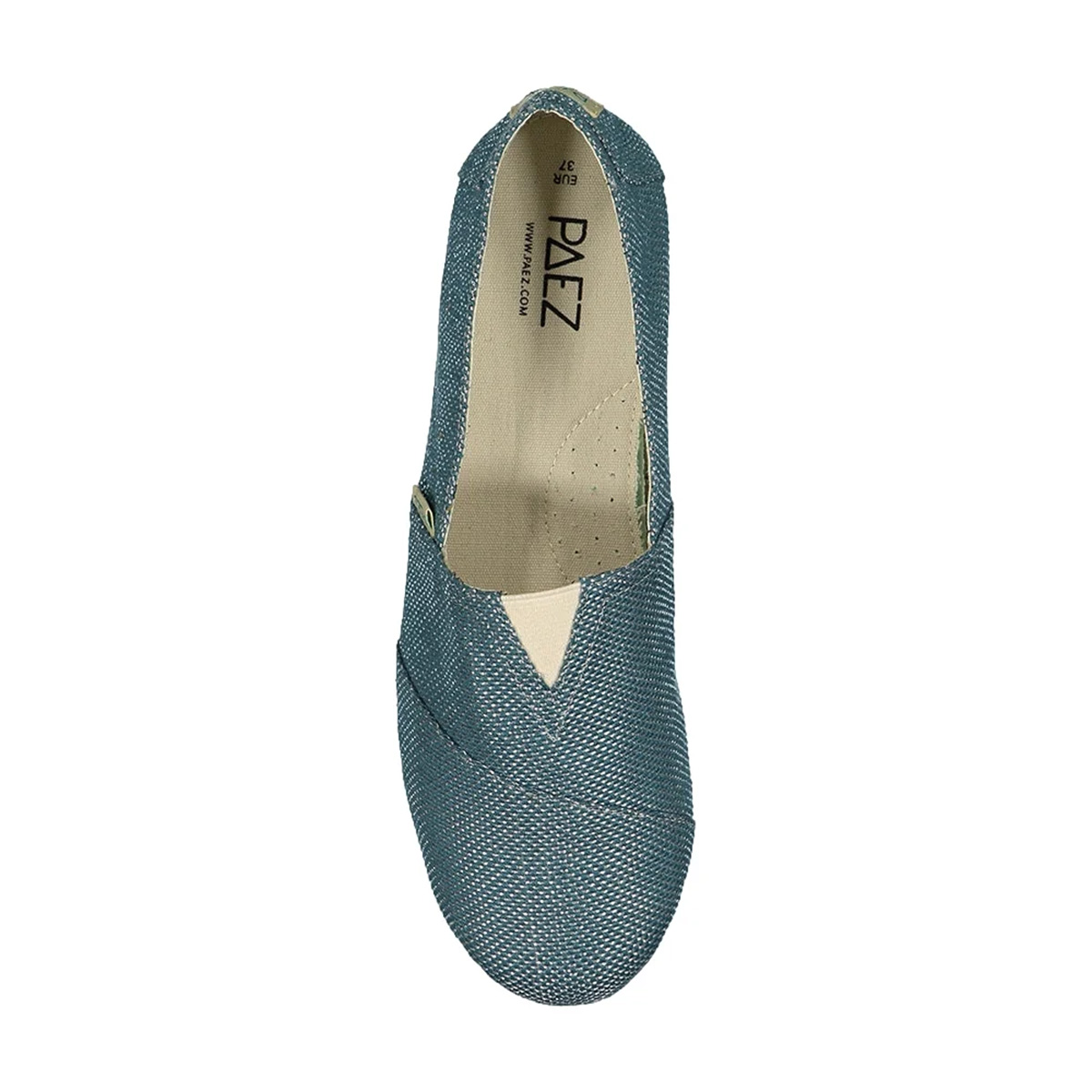 Classic blue espadrille shoe for women, showing the top view with a woven fabric design and jute sole.
