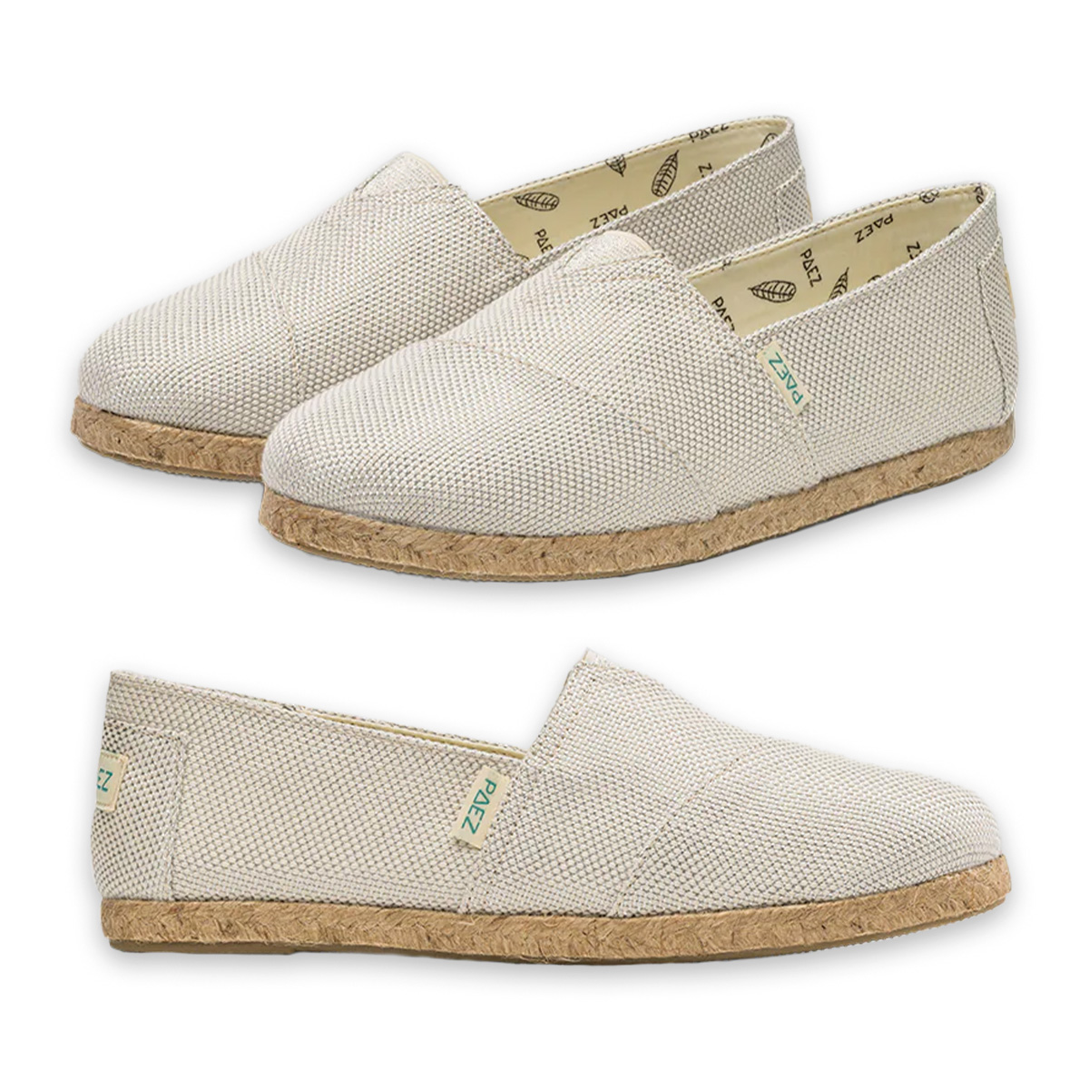 Pair of Classic Silver PAEZ espadrille shoes for women, shown from different angles, featuring woven fabric and jute soles.