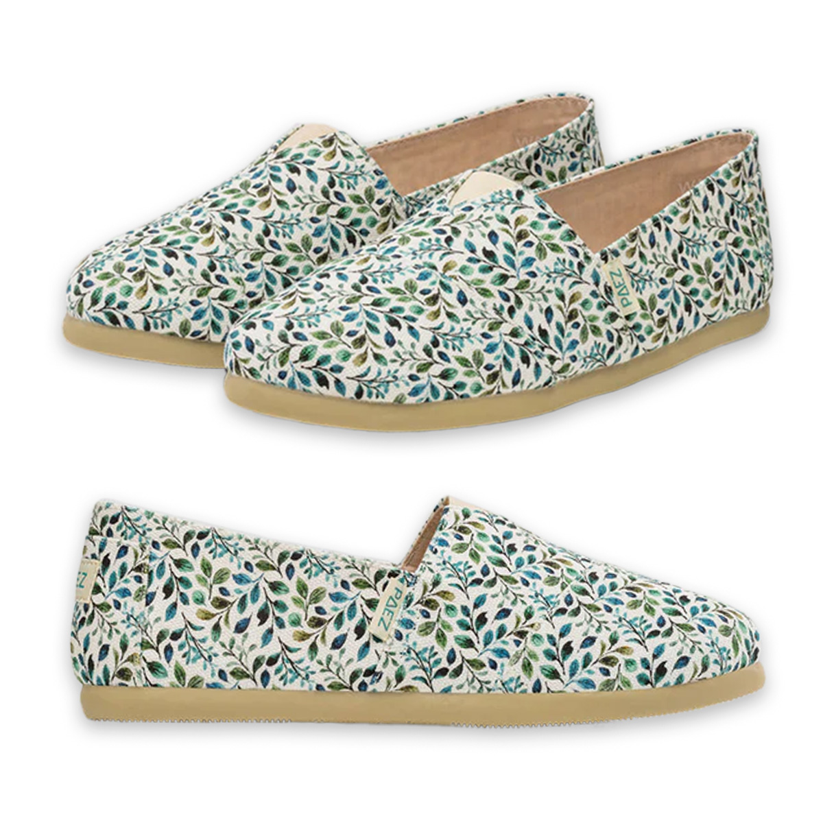 A pair of PAEZ espadrilles with a floral emerald print design, displayed from different angles.
