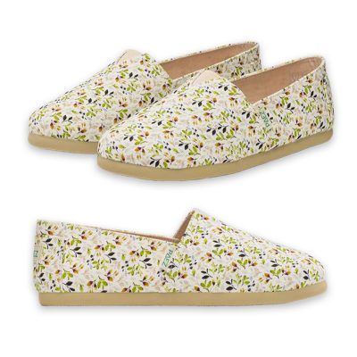 A pair of PAEZ espadrilles featuring a delicate flora oil print in soft, natural tones, designed for casual elegance.