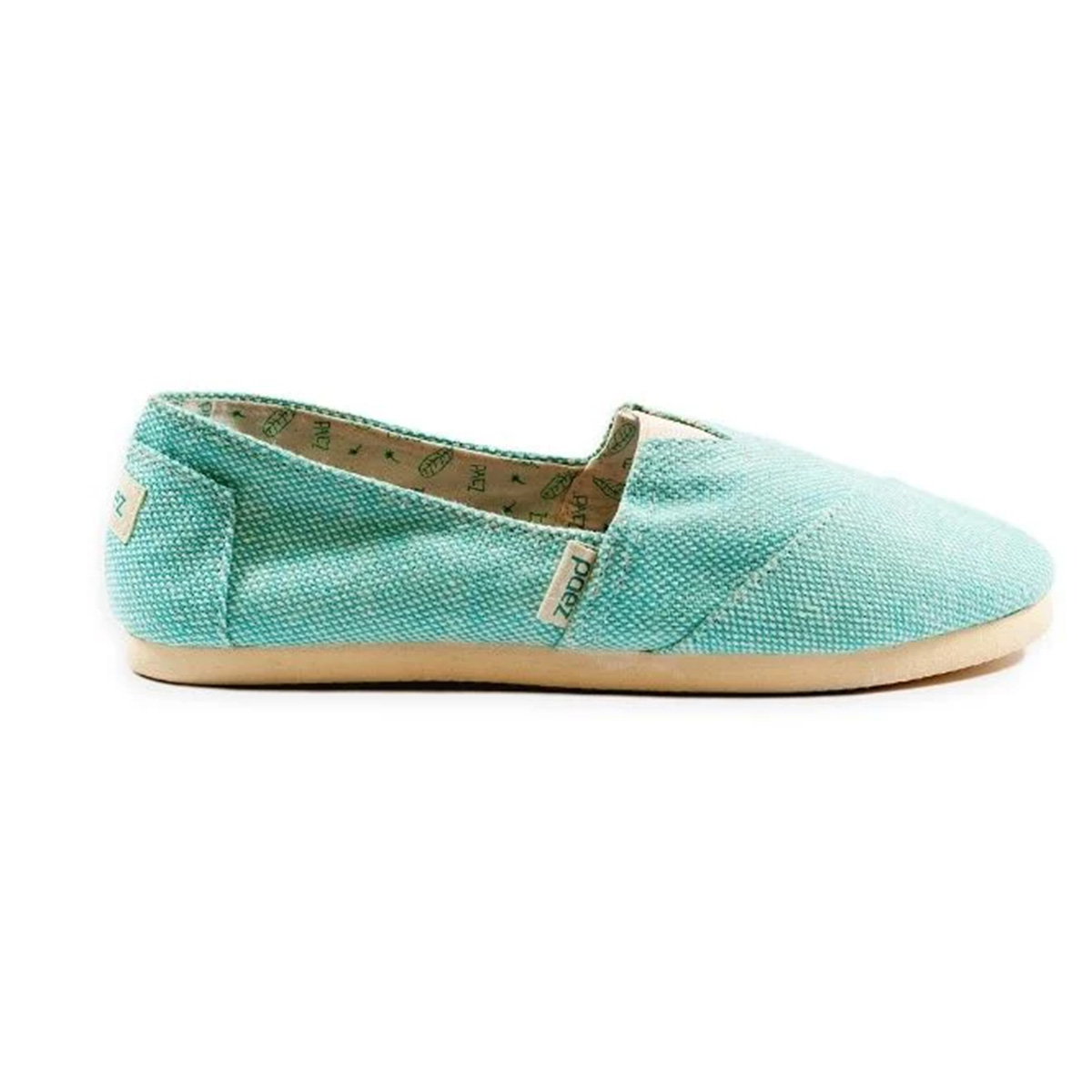 A side view of a pair of turquoise Gambler PAEZ Panama espadrille shoes for women, featuring a simple yet stylish design with a comfortable fit. The shoes are made of woven material with a soft sole, and the PAEZ logo is visible on the sides.