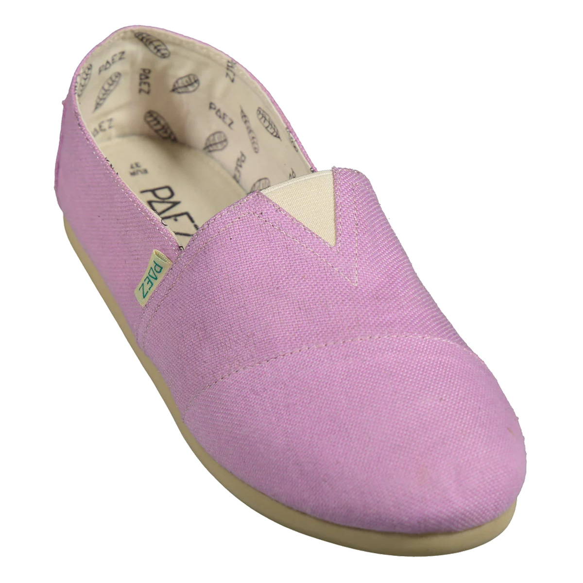 Close-up of Mauve PAEZ Combi shoes for women, highlighting the soft purple color and clean design with a contrasting beige V-shaped detail on the front.