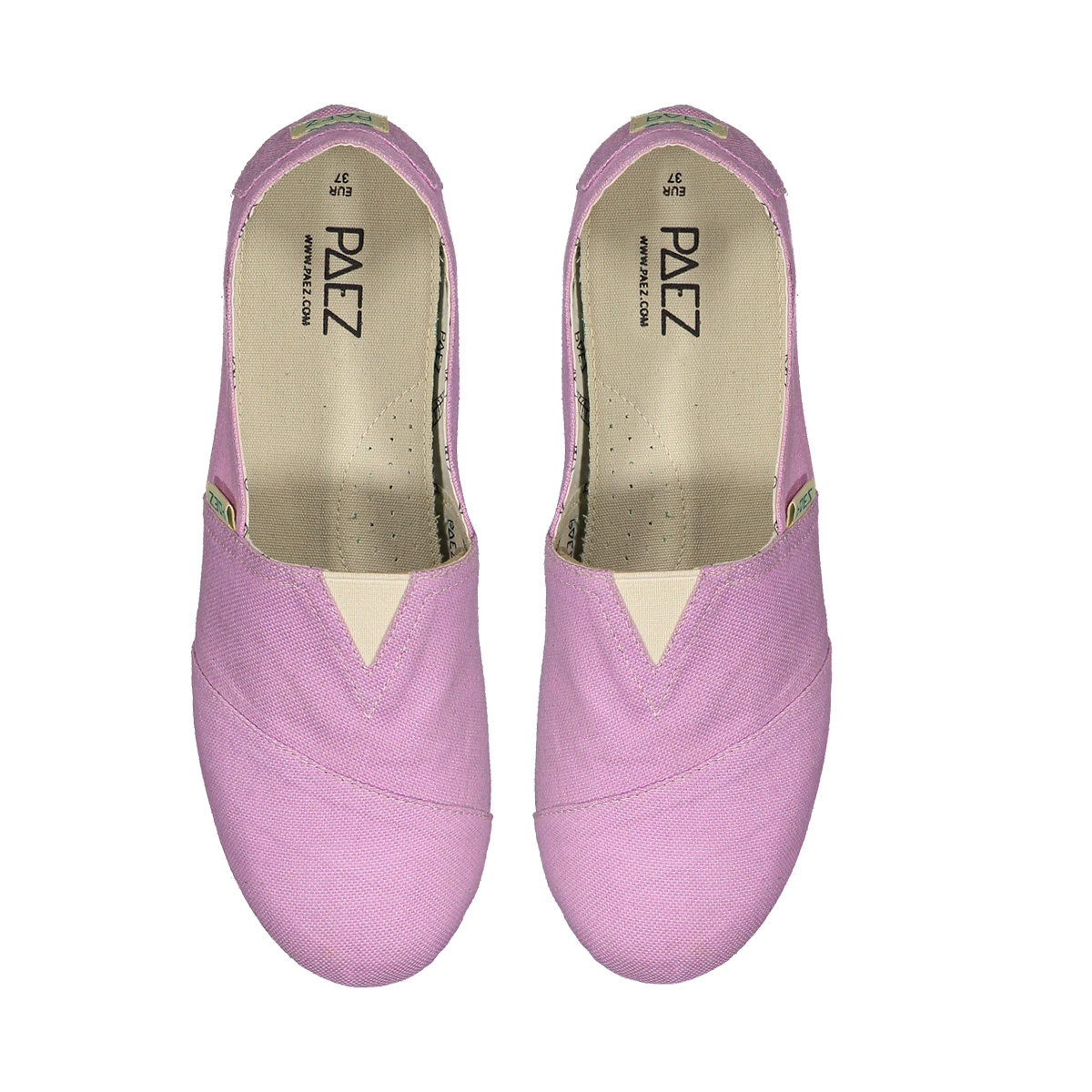 Top view of Mauve PAEZ Combi shoes for women, featuring a pastel pink canvas design with a beige V-shaped detail on the front.