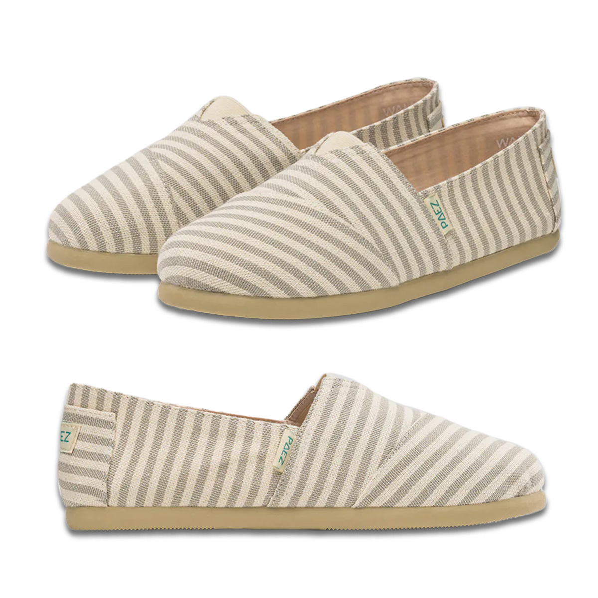 Two views of Sand PAEZ Surfy espadrille shoes for women, featuring beige and cream striped fabric with soft rubber soles and a minimalist design.