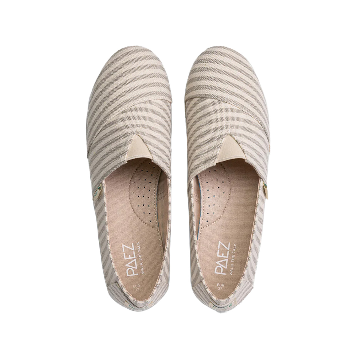 A top view of Sand PAEZ Surfy espadrille shoes for women, featuring soft beige and cream striped fabric with a breathable insole and subtle details.