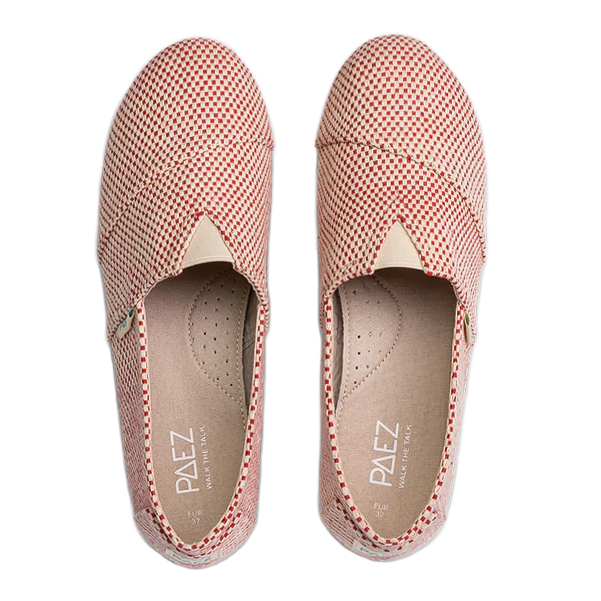 Top view of a pair of Scarlate PAEZ Panama shoes for women. The shoes feature a red and white checkered pattern with a beige sole and the PAEZ logo on the insole.
