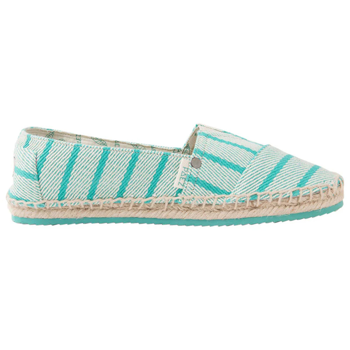 Side view of PAEZ espadrille slip-on shoes for women with jade green stripes, natural woven details, and a turquoise sole.